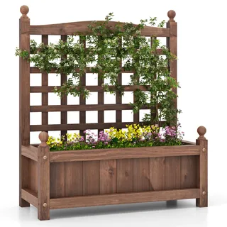 GOPLUS Blumenkasten mit Rankgitter, Pflanzkasten mit Spalier & Ablauflöchern, Gartenspalier aus Massivholz, Blumenständer, Gartenbeet Rankhilfe für Balkon Garten, 64,5 x 28 x 75 cm