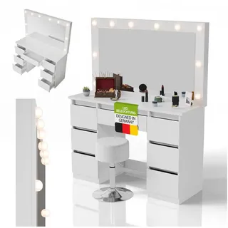Juskys Schminktisch Lilia mit LED-Spiegel & Hocker Tonia, 7 Schubladen, Licht dimmbar, modern & kompakt, viel Stauraum, — Weiß