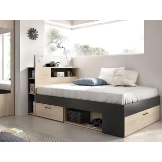vente-unique Vente-unique-Bett mit Kopfteil, Stauraum & Schubladen - 120 x 190 cm - Holzfarben & Anthrazit - Leandre