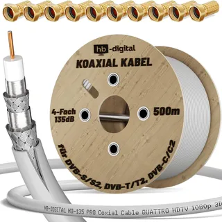 HB-DIGITAL 500m SAT Koaxial Kabel 135dB 8K 4K UHD 4-Fach geschirmt für DVB-S / S2 DVB-C / C2 DVB-T / T2 DAB+ Radio + inkl. 10x vergoldete F-Stecker BK Anlagen - Stahl/Kupfer Innenleiter - Weiss