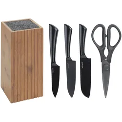 Messerblock WENKO "Modell Mera mit Messerset & Schere", braun (dunkelbraun), B:10cm H:22cm L:10cm, Messerblöcke, Messerblock, rostfreier Edelstahl und geräucherter Bambus, FSC-zertifiziert