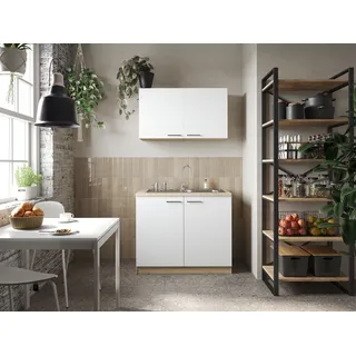 Respekta Merle Miniküche mit integrierter Mikrowelle und Edelstahlspüle, 100 cm, weiß