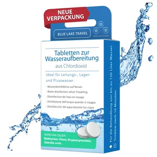 Blue Lake Travel Wasseraufbereitung Trinkwasser (4x30 Tabletten) - Wasserentkeimung & Trinkwasseraufbereitung - Chlordioxid Tabletten - Blackout Notfallrucksack - Notfall Ausrüstung