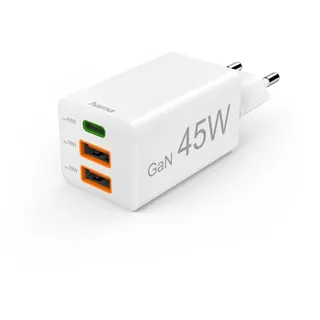 Hama Schnellladegerät GaN 1x USB-C 2x USB-A Mini-Ladegerät PD 45 W Weiß