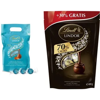 Lindt LINDOR Schokoladen Kugeln Salted Caramel | ca. 80 Schokoladen Kugeln Milch-Schokolade mit einer Füllung aus Salz-Karamell | Großpackung & Schokolade LINDOR Kugeln Edelbitter | 400 g
