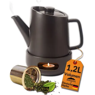 DEKAZIA® Keramik Teekanne mit Siebeinsatz und Stövchen Set - Großer Teapot für losen Tee, 1,2L Porzellan Kanne mit Edelstahl Filter und Teelicht Wärmer Schwarz Steingut