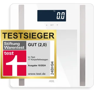 ADE Digitale Körperfettwaage Ines bis 200 kg | Personenwaage mit Körperfettanalyse, BMI, Muskelmasse, Körperwasser, Gewicht, BMR | Körperwaage mit Benutzererkennung | weiß