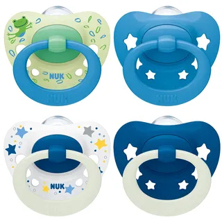 NUK Signature Day & Night Babyschnuller | 6-18 Monate | Beruhigt 95 % der Babys | BPA-freie Silikonschnuller in Herzform | Leuchtet im Dunkeln | Sterne | 4 Stück