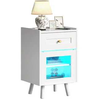 YITAHOME Nachttisch mit 7-Farbiger LED-Lichtleiste, Nachttischschrank mit Schublade und verstellbarem Regal, schwarzer Aufbewahrungs-Beistelltisch für Schlafzimmer, Wohnzimmer, 40x35x62cm, Weiß