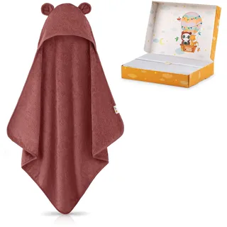 FUCHSUNDPANDA ® Kapuzenhandtuch Baby EXTRA dick, warm & weich | 75x75cm Baby Handtuch Kapuze (100% Bambus) | Rotes Handtuch Geburt mit toller Geschenkverpackung (Purpur-rot)