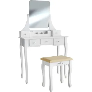 Tectake tectake® Schminktisch, mit gepolstertem Hocker, 5 Schubladen, abnehmbares Kosmetikfach, 80 x 40 x 138 cm