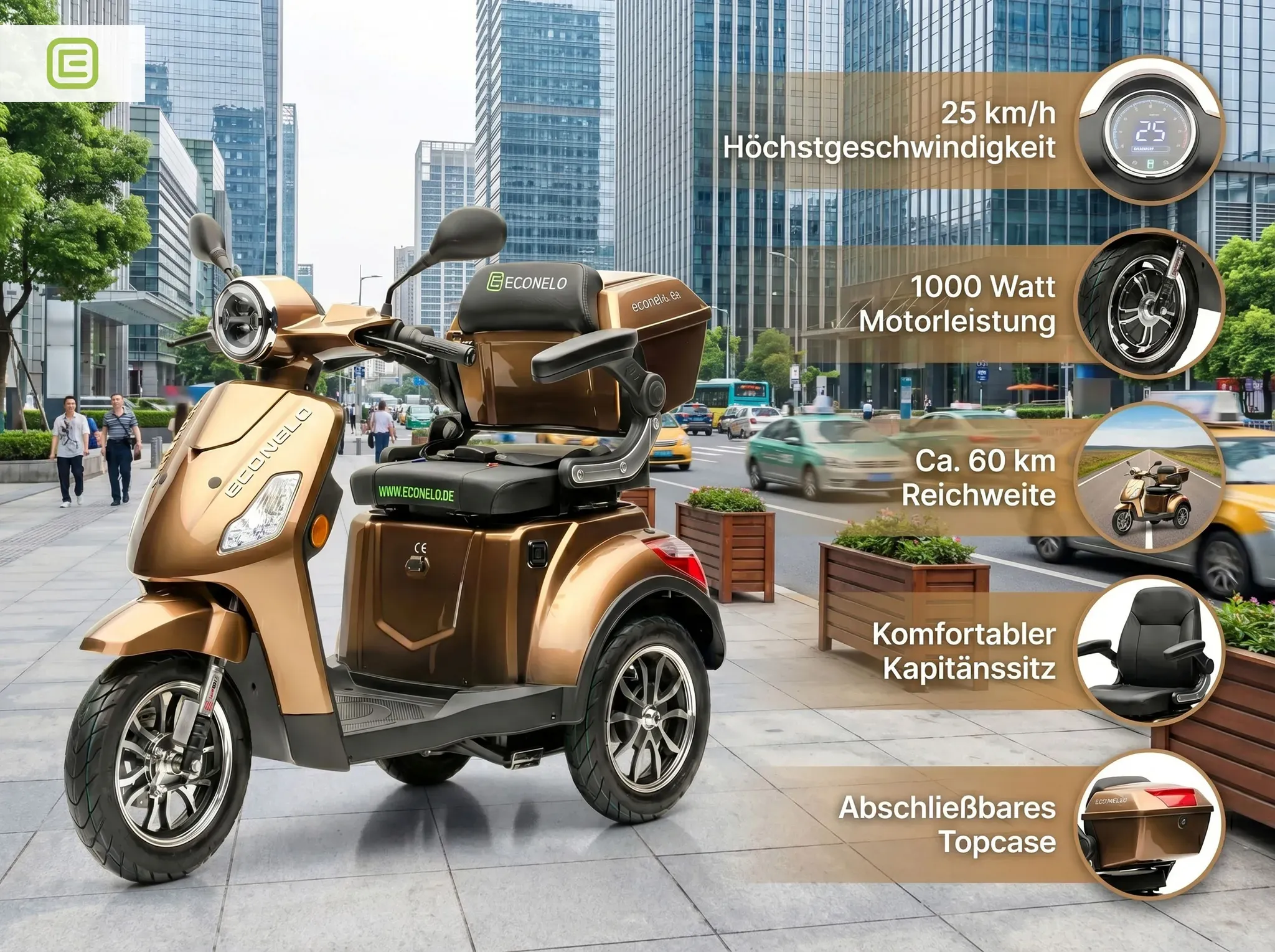 Econelo E-Seniorenmobil Yogi-IQ, Blei-Akku, 3-Rad, 1000 Watt, Braun