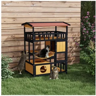 PawHut Katzenhaus aus Holz Katzenhöhle mit Plattformen, Hängebrück für bis zu 2 Katzen