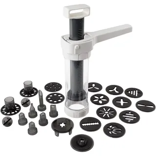 Dr. Oetker Gebäckpresse inkl. 12 Formscheiben und 6 Tüllen, Presse für Plätzchen, hochwertige Spritze für Dekorationen, Plätzchenpresse mit großem Füllvolumen (Farbe: Weiß/Grau)