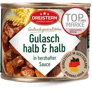 DREISTERN Gulasch vom Rind & Schwein 500g I Mit pikanter Sauce I Herzhaftes Fertiggericht in recyclebarer Konservendose I Lange Haltbarkeit dank natürlicher Konservierung I Hausmacher Qualität