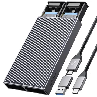 ORICO Dual-Bay M.2 NVMe SSD Gehäuse, USB C auf M2 Adapter für M Key PCIe 2230/224/2260/2280 M.2 SSDs, Werkzeuglose Installation Aluminium M2 Externe Case Support Trim und UASP bis zu 2x4TB-BM2-2N