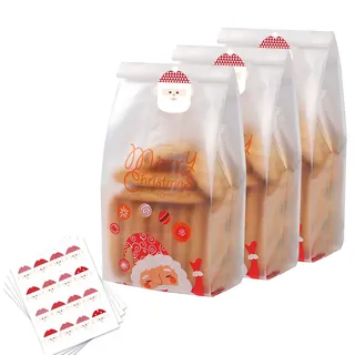 Weihnachtsplätzchen Taschen 50 Stück durchscheinende Leckerbissen Taschen mit Aufklebern Weihnachtsmann Plastiktüten für Kuchen Süßigkeiten Schokolade Snack Bäckerei Brot Cupcake Donuts