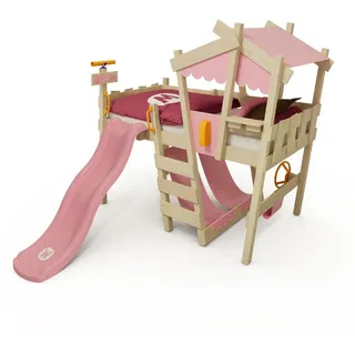 Wickey Kinderbett CrAzY Snuggy Massivholz-Hochbett mit Leiter, Lenker & Rutsche (opt) (Spielbett mit optionaler 175 cm Rutsche für maximalen Spielspaß, Abenteuer-Etagenbett mit Zubehör – auf Wunsch mit Rutsche), Massivholz-Konstruktion für Sicherheit und langlebigen Spielwert rosa