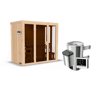 Karibu Sauna Irava 2 - 68 mm Systemsauna - 230 Volt Plug & Play Bronzierte Ganzglastür Ohne Dachkranz 3,6 kW Plug&Play Ofen mit externer Steuerung Easy
