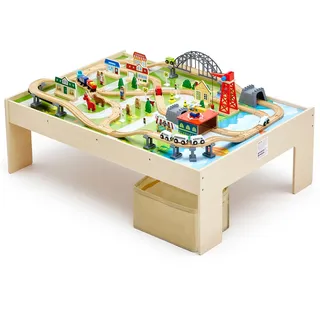 Vevor Holz Aktivitätstisch, 120-teilig, mit zusammenklappbarem Aufbewahrungsbehälter, 3-in-1-Eisenbahn-Set zum Spielen, Malen, Lesen, Essen, kreatives Spielzeug-Set für Kinder ab 3 Jahren