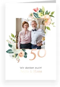 Danksagung zum Hochzeitstag in Weiß mit eigenen Fotos gestalten im Design "Rosige Zeiten" - Musterkarte - Karten einfach online bei wunderkarten gestalten und bestellen