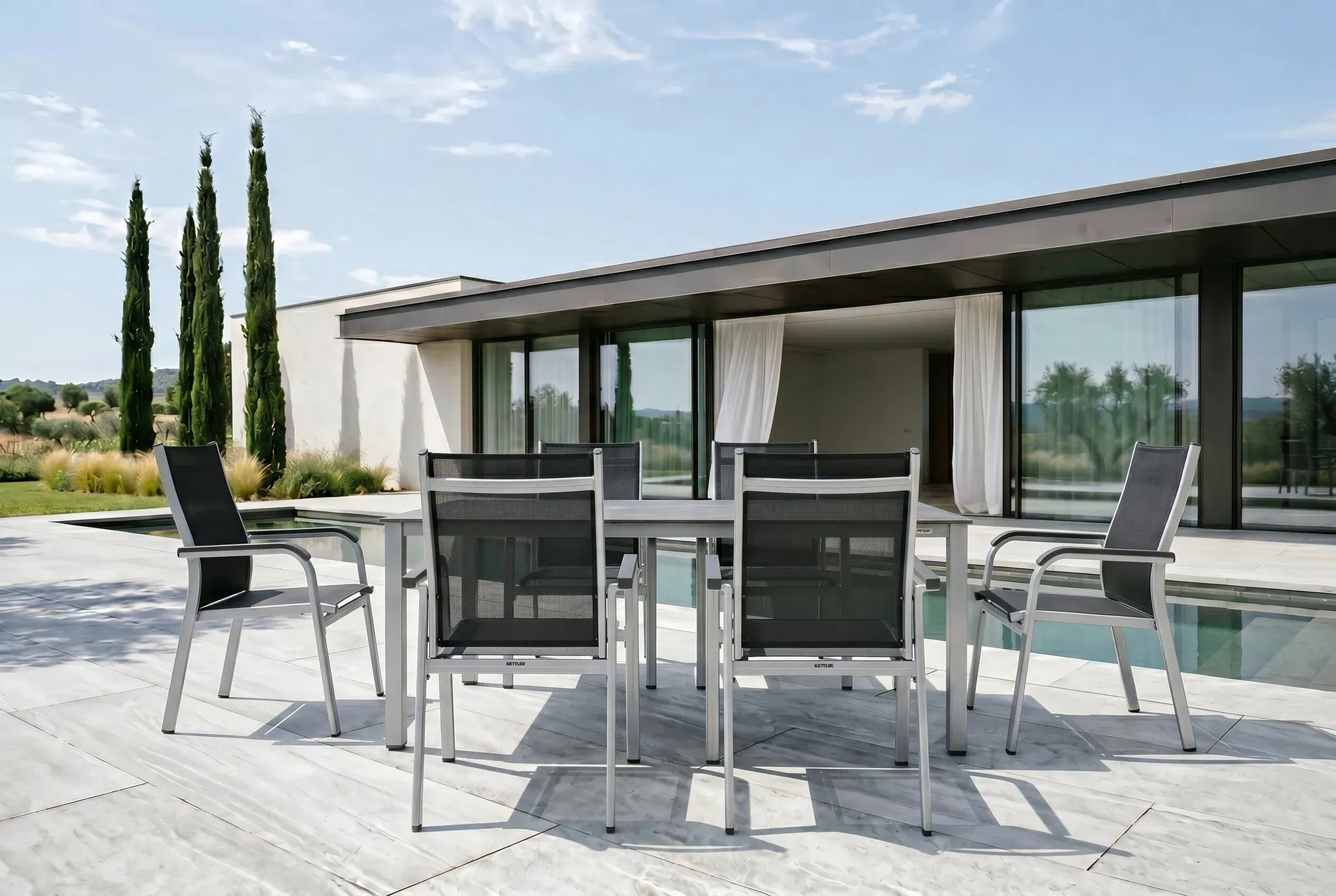 KETTLER Cubic/Basic Plus Garten-Essgruppe, silber/anthrazit, Alu/Textilene, Tisch 160x90 cm, 6 Stapelsessel