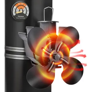 Hanaoyo Ofenventilator Ohne Strom, Kaminventilator mit Thermometer, Kaminlüfter für Holz/Brennholz/Feuerstelle/Ofenrohr, Ofenventilator für Rauchrohr mit 1 Ofenthermometer und 2 Ersatzringen