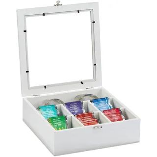 Relaxdays Teebox Holzoptik, 7 Fächer, Teebeutel Aufbewahrung, Teekiste mit Sichtfenster, HxBxT: 8 x 25 x 25,5 cm, weiß