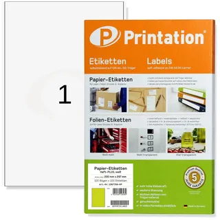 Printation 200 x 297 mm Power Etiketten Haft-PLUS stark haftend, selbstklebend bedruckbar, 100x DIN A4 100 200x297 1x1 Universal Klebeetiketten weiß - Papier Haftetiketten Etikettenpapier Aufkleber