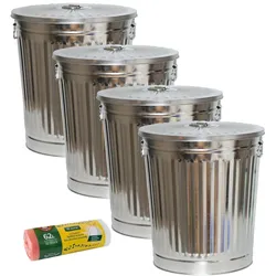 H&D Manufaktur Jinfa 4er-Set Retrodesign Mülleimer mit Griffen und Deckel + 50 Müllbeutel | Zink| 18L