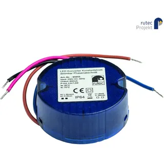 Rutec Projekt LED Kontstantstrom-Rundkonverter, IP64, 230V AC / sek. 600mA, 8-12V, 4.8W-7.2W, Aktiv PFC, dimmbar RUP-PHE955