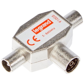 LEGRAND, Antennen-Verteiler Ø9,52mm, T-Kupplung, Zweigeräte-Verteiler, Standardverteiler für TV, TV-Splitter 2-fach, 2 TV-Ausgänge (männlich) und 1 TV-Eingang (weiblich), 091005