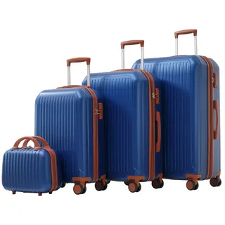 SeedWave Trolleyset 4 Teilige Kofferset Hartschalenkoffer Reisekoffer mit Reißverschlüssen, (Hartschalen-Trolley Set), 1 Handkoffer, 3 RollKoffers mit TSA-Schlössern und vier 360° Rädern blau