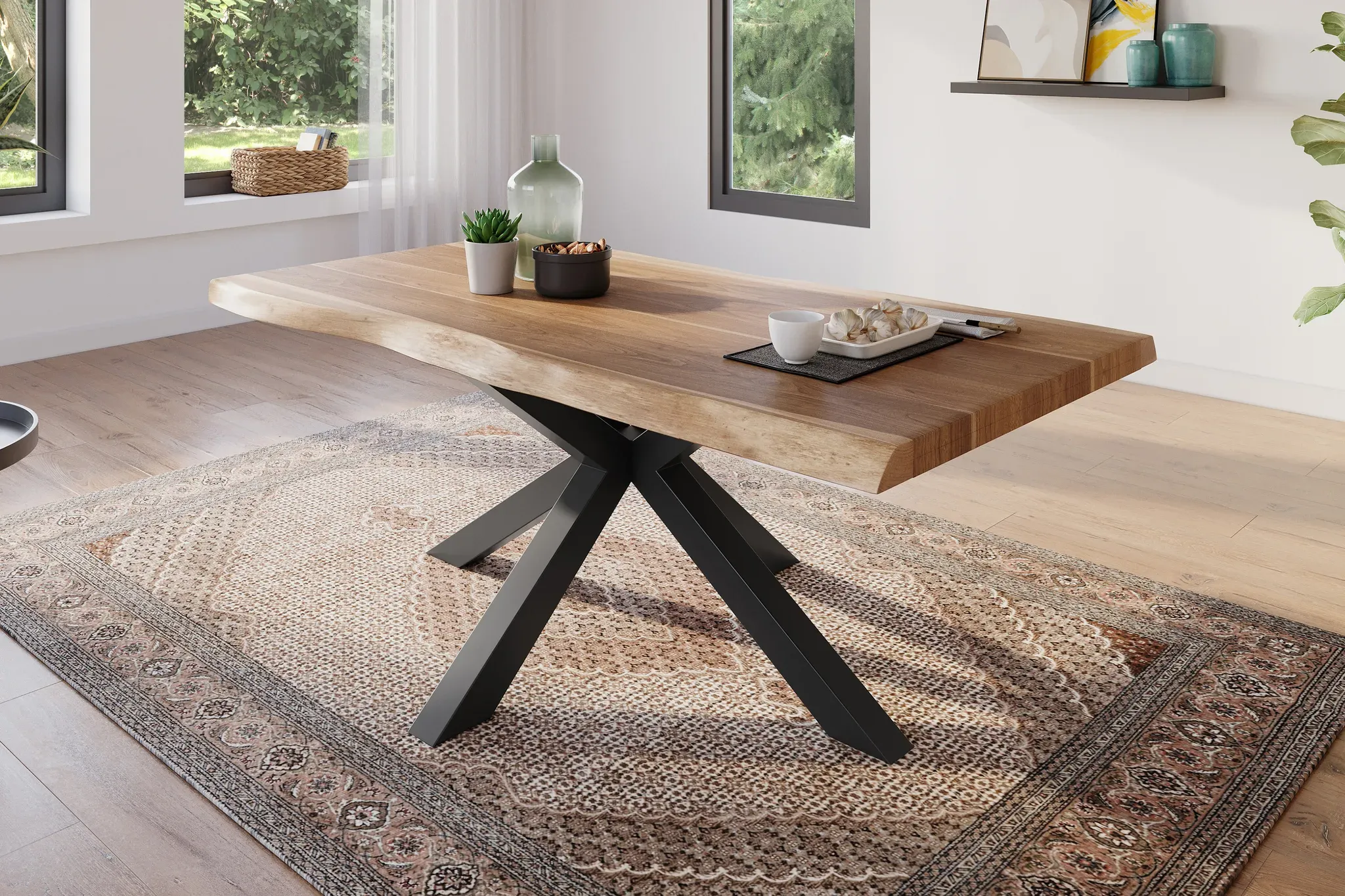 Esstisch 200 x 100 cm Akazie massiv natur Baumkantentisch Spider-Gestell schwarz ATLAS