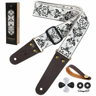 Gitarrengurt, Vintage bestickt Baumwolle Gitarrengurte mit echtem Leder Enden für Bass, elektrische & akustische Gitarren, kommen mit kostenlosen Strap Button, 1 Paar Strap Locks und 4 Guitar Picks