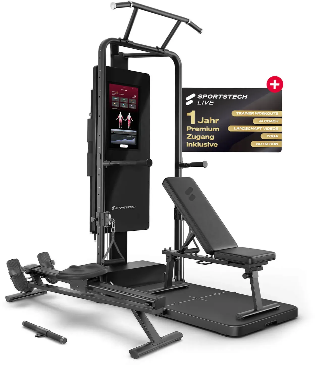 Sportstech Home Gym sGym Pro,  160x90x220cm, 21′′ Touch-Display mit STL App, Trainingsplänen, Workouts und Tracking, Gewichte bis 120 kg, Klimmzug, Dipbar, Kabelzug, 400+ Übungen, Ganzkörpertraining