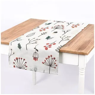 SCHÖNER LEBEN. Tischläufer SCHÖNER LEBEN. Tischläufer Weihnachten Blumen Beeren Eicheln ecru sch, Digitaldruck beige|grün|rot|schwarz|weiß