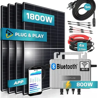 SUNNIVA® Balkonkraftwerk 800W komplett Steckdose - Ecoflow Wechselrichter - PV Solaranlage Komplettset - 4x 450W (1800W) Solarmodule - inkl. 5m Kabel - Bluetooth, WIFI