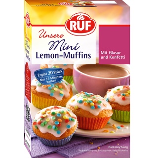 RUF Mini-Lemon-Muffins, Backmischung mit Zitronen-Geschmack, Zitronenglasur und buntem Konfetti Streudekor, mit 20 bunten Muffin-Förmchen, 1 x 350g