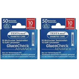 TESTAmed GlucoCheck Advance Blutzuckerteststreifen plus Soft-Lanzetten, 50 Blutzucker Teststreifen + 10 Soft-Lanzetten (Packung mit 2)