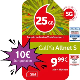 Vodafone Prepaid CallYa S | 25 GB | 10 EUR Startguthaben | ohne Vertrag | 5G-Netz | Telefon- SMS-Flat | EU-Roaming