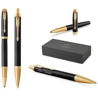 PARKER IM Premium Tintenroller und Kugelschreiber mit Gravur | Premium Stift | Geschenkbox | personalisiertes Geschenk | Jahrestag | Geburtstag (Black/Gold G.C.)