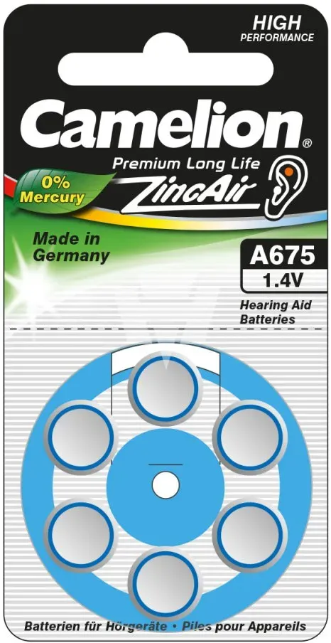 Hörgerät-Batterie Camelion 675, A675, Made in Germany, 6 Stück