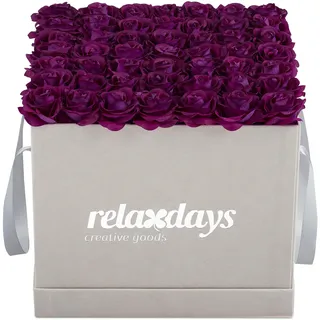 Relaxdays Rosenbox eckig, 49 Rosen, stabile Flowerbox grau, 10 Jahre haltbar, Geschenkidee, dekorative Blumenbox, lila