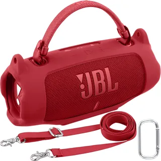 Khanka für JBL Charge 6 Silikon-Schutzhülle mit abnehmbarem Schultergurt & Utility-Haken, Flexible weiche Hülle für JBL Charge 6 tragbarer Bluetooth-Lautsprecher, nur Hülle (Rot)
