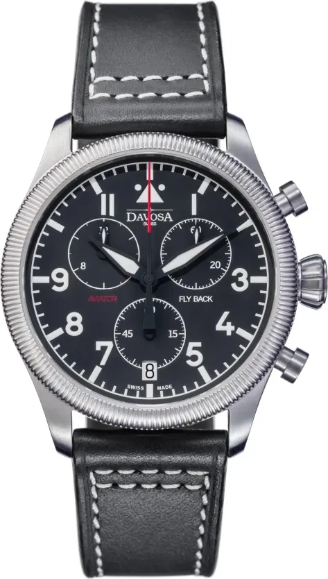 Davosa Pilot Aviator Fly Back Chronograph Quartz 162.499.55 - schwarz,schwarz mit weißer Naht - 42mm