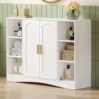 HEXCELEN Badezimmerschrank, Aufbewahrungsschrank mit 2 Türen, Beistellschrank, Küchenschrank mit Offenen Fach, Verstellbare Ablage, Badschrank, für Badezimmer Wohnzimmer Küche, Weiß, 30 × 100 × 75 cm