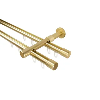 iso-design Gardinenstange Innenlauf 2-läufig Wandmontage 20 mm Farbe Messing matt Endstück Kappe, Ø 20 mm, 2-läufig, Fixmaß, mit Bohren, geschraubt, Metall, Innenlaufprofil mit Metallsäge kürzbar goldfarben Ø 20 mm x 140 cm