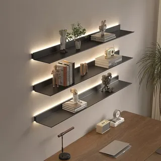 Schwebende Regale zur Wandmontage, lichtemittierende Wandregale aus Metall mit integriertem beleuchtetem LED-Licht für Bar-Arbeitsplatte im Badezimmer, 1 Stück,Schwarz,80x23cm