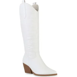 VAN HILL Damen Stiefel Cowboystiefel Stickereien Schuhe 838830 - Weiß
